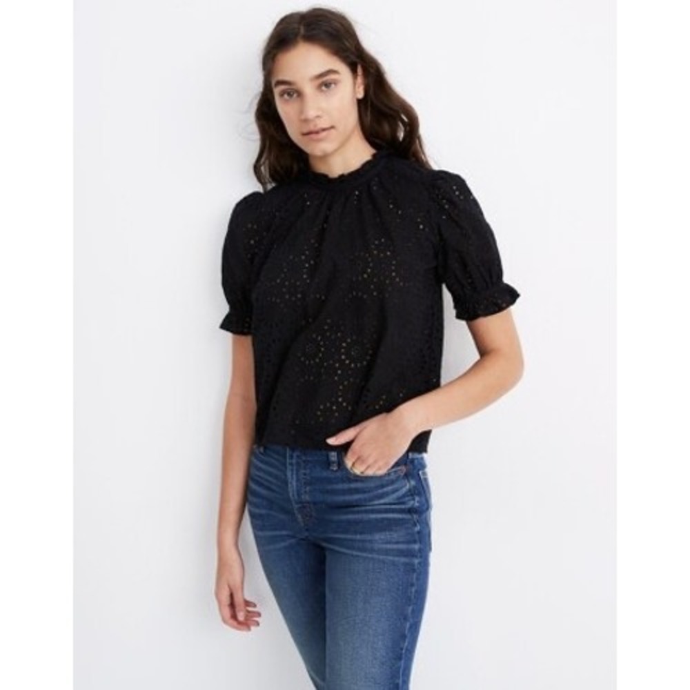 Madewell Black Eyelet Mockneck Ruffle Puff Sleeve Top Small Cotton Keyhole Tie
